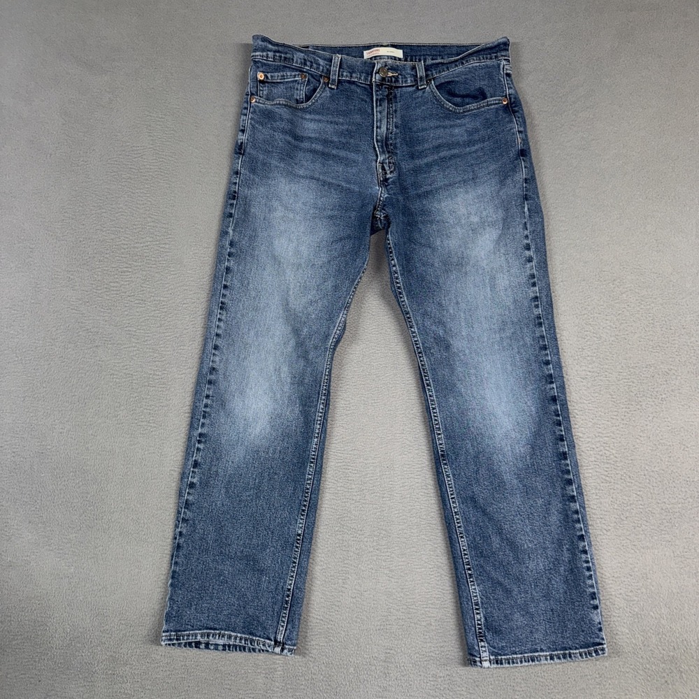 Signature Levis Jeans Mens 34x30 Blue Relaxed Straight Stretch Distressed Denim